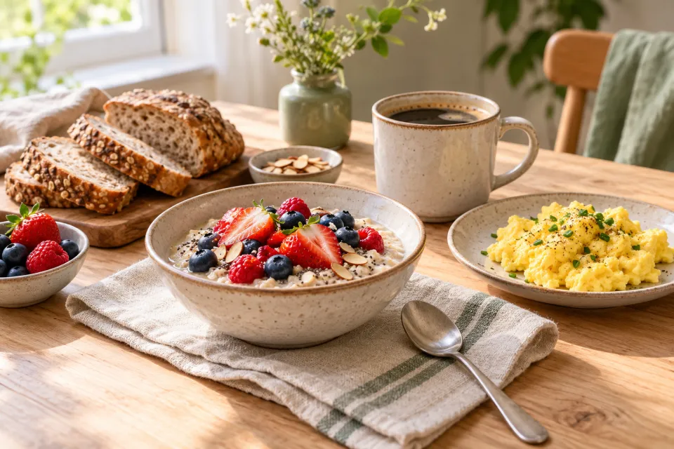 Breakfast table with oats, berries, bread and scrambled eggs