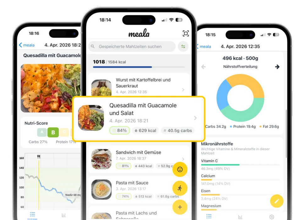 Die meala App: Ernährungstagebuch mit Mahlzeitenfotos, Nährstoffauswertung und Glukoseverlauf.