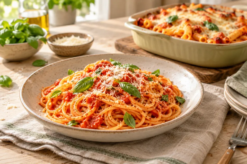 Spaghetti with tomato sauce and a pasta bake on a set table