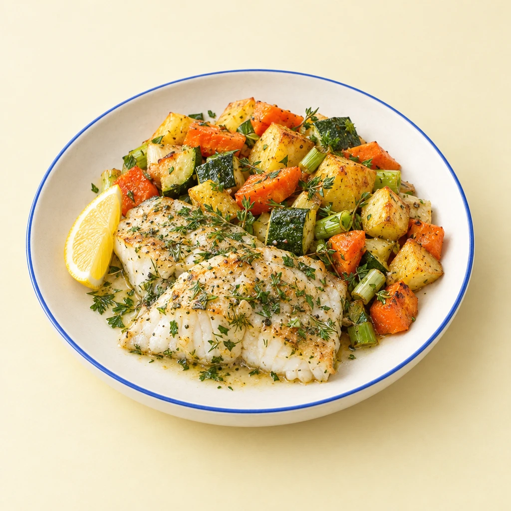 Gebratenes Dorschfilet mit gehackten Kräutern, dazu geröstete Kartoffeln, Zucchini, Karotten und Frühlingszwiebeln.