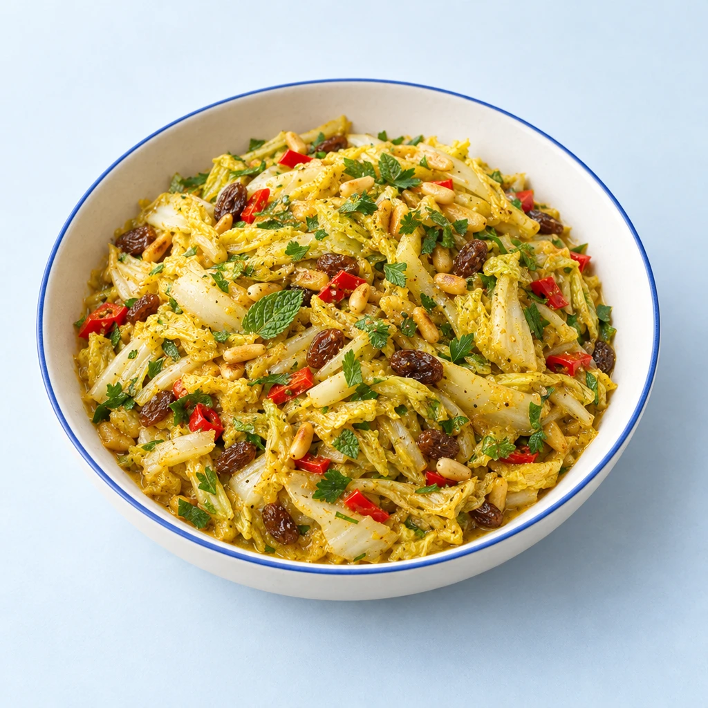 Chinese cabbage strips with red chilli, raisins, parsley and mint, topped with toasted pine nuts.