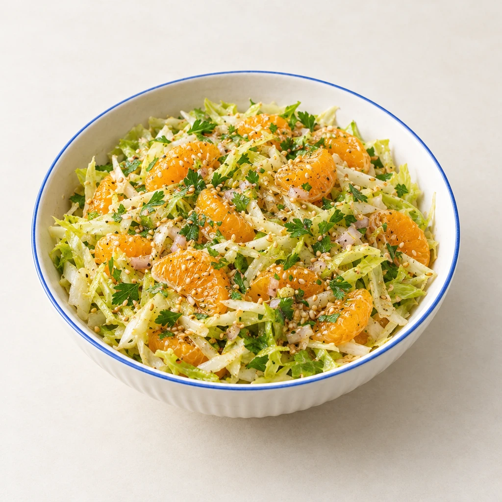 Endiviensalat mit halbierten Mandarinenspalten, geröstetem Sesam, Petersilie und Dressing, daneben Walnussbaguette.