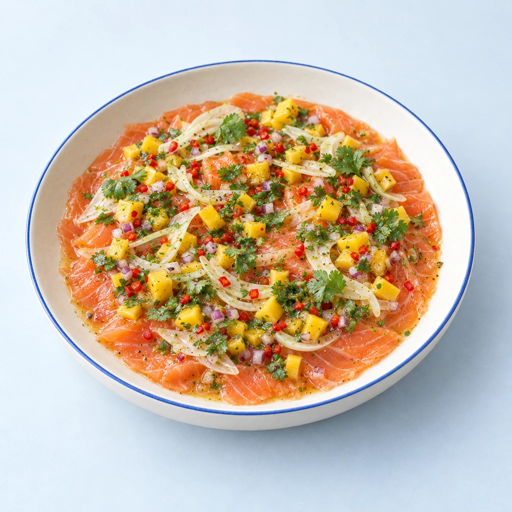 Hauchdünnes Lachs-Carpaccio mit Fenchel, Mangowürfeln, Chili und gehacktem Koriander.