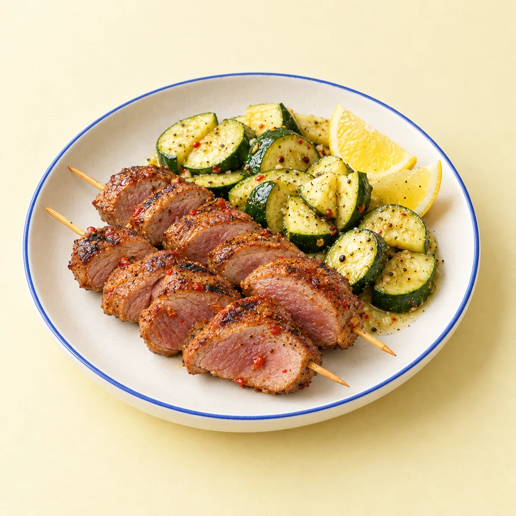 Gegrillte Entenbrustspieße mit Zucchini-Zitronen-Salat auf einem Teller.
