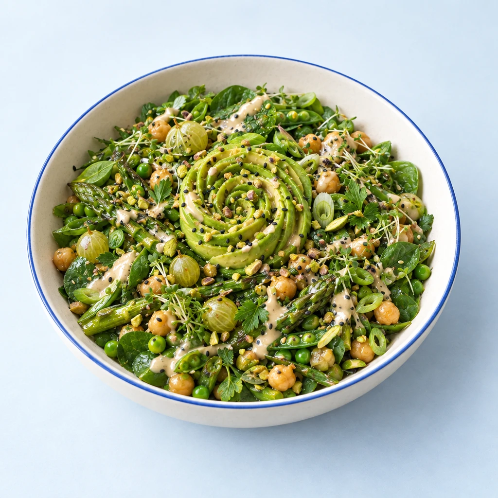 Grüne Salat-Bowl mit Avocado-Rosen, Spargel, Erbsen, Kichererbsen, Babyspinat und Stachelbeeren, dazu Mandel-Dressing, Pistazien und schwarzer Sesam.