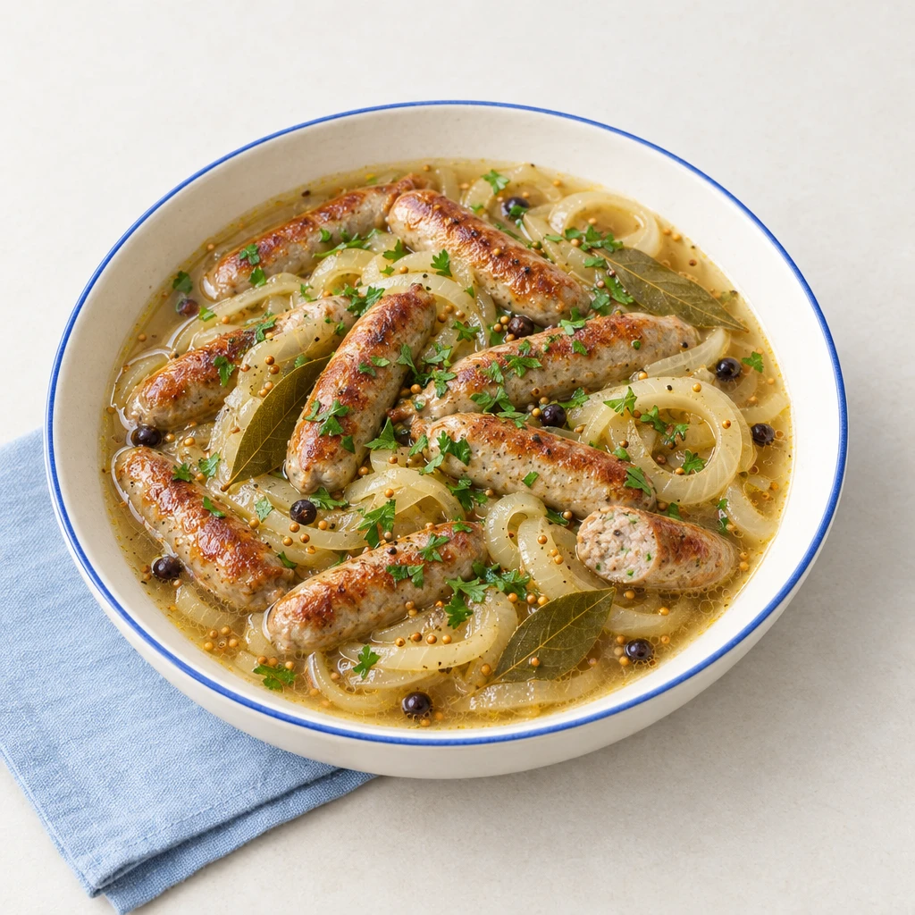 Franconian sausages with onion rings, bay leaves and chopped parsley in a tangy vinegar broth.