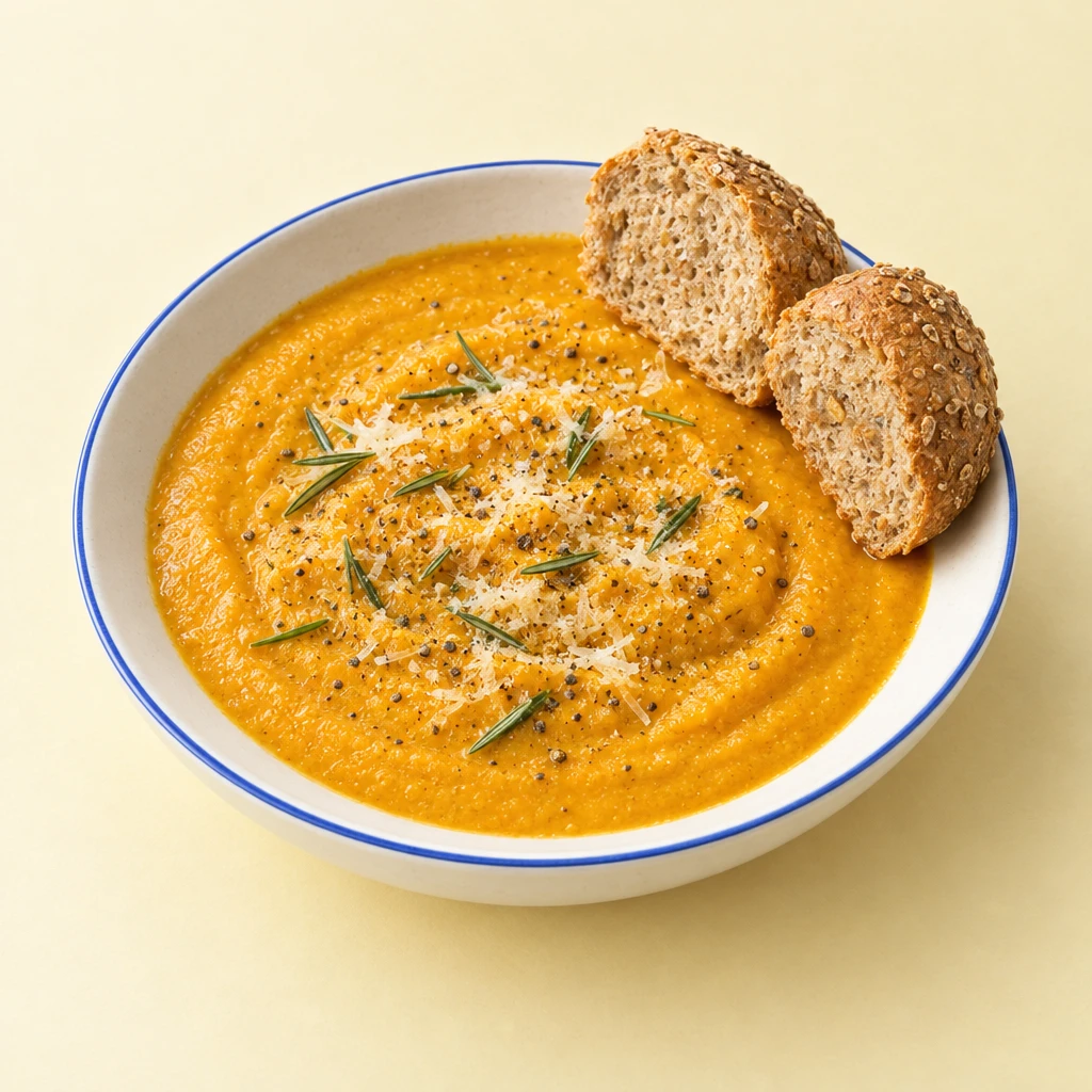 Orange pumpkin purée with fine flecks of rosemary and halved wholemeal rolls.