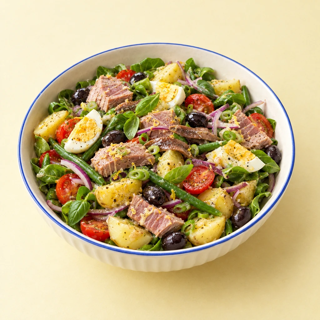 Nizza-Salat mit kurz gebratenem Thunfisch, Kartoffeln, Eiern, grünen Bohnen, Tomaten, Oliven und Sardellen.