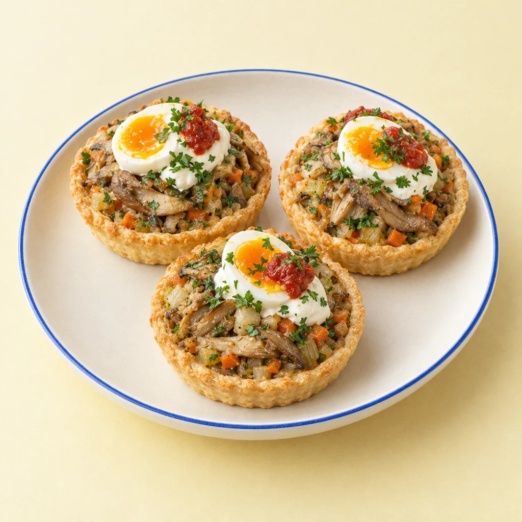 Golden oyster mushroom tartlets with vegetable filling, crème fraîche, softly boiled egg halves, tomato purée and parsley.