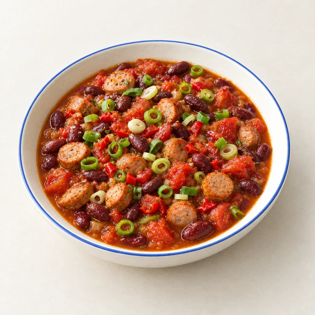 Würstchen-Chili mit Bratwurstscheiben, Kidneybohnen und Tomaten, bestreut mit grünen Lauchzwiebelringen.