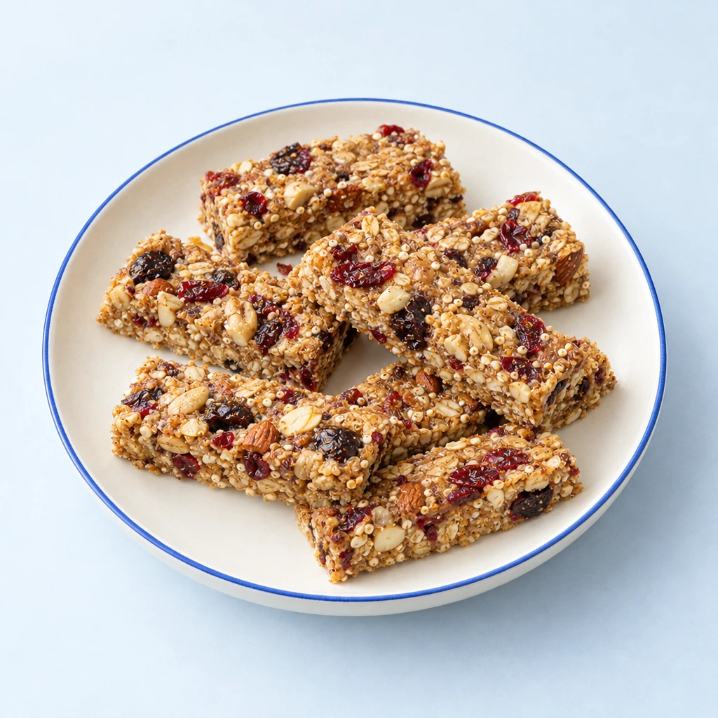 Rectangular baked energy bars with cereal flakes, chopped nuts and dried fruit on a plate.