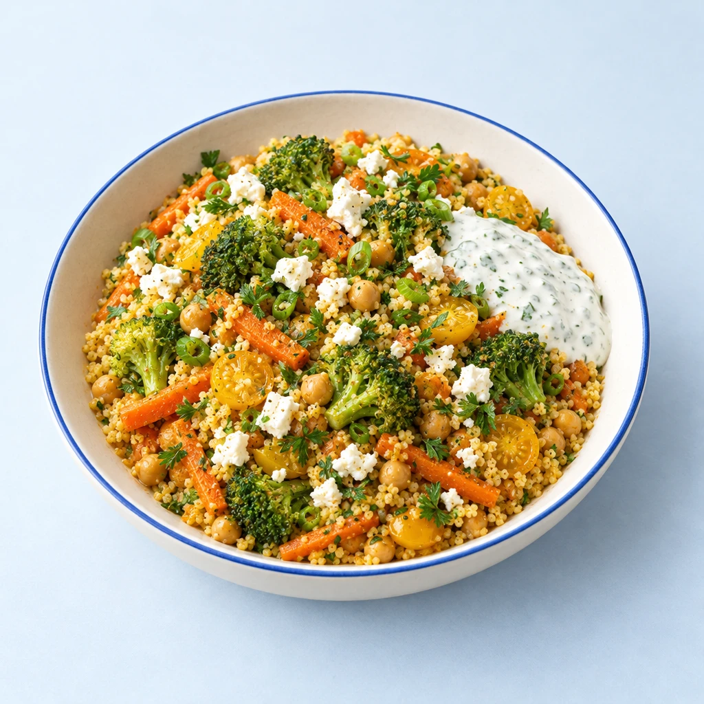 Bunte Couscous-Gemüse-Pfanne mit Karotten, Brokkoli, gelben Tomaten, Kichererbsen, Feta und Joghurt-Minz-Dressing.