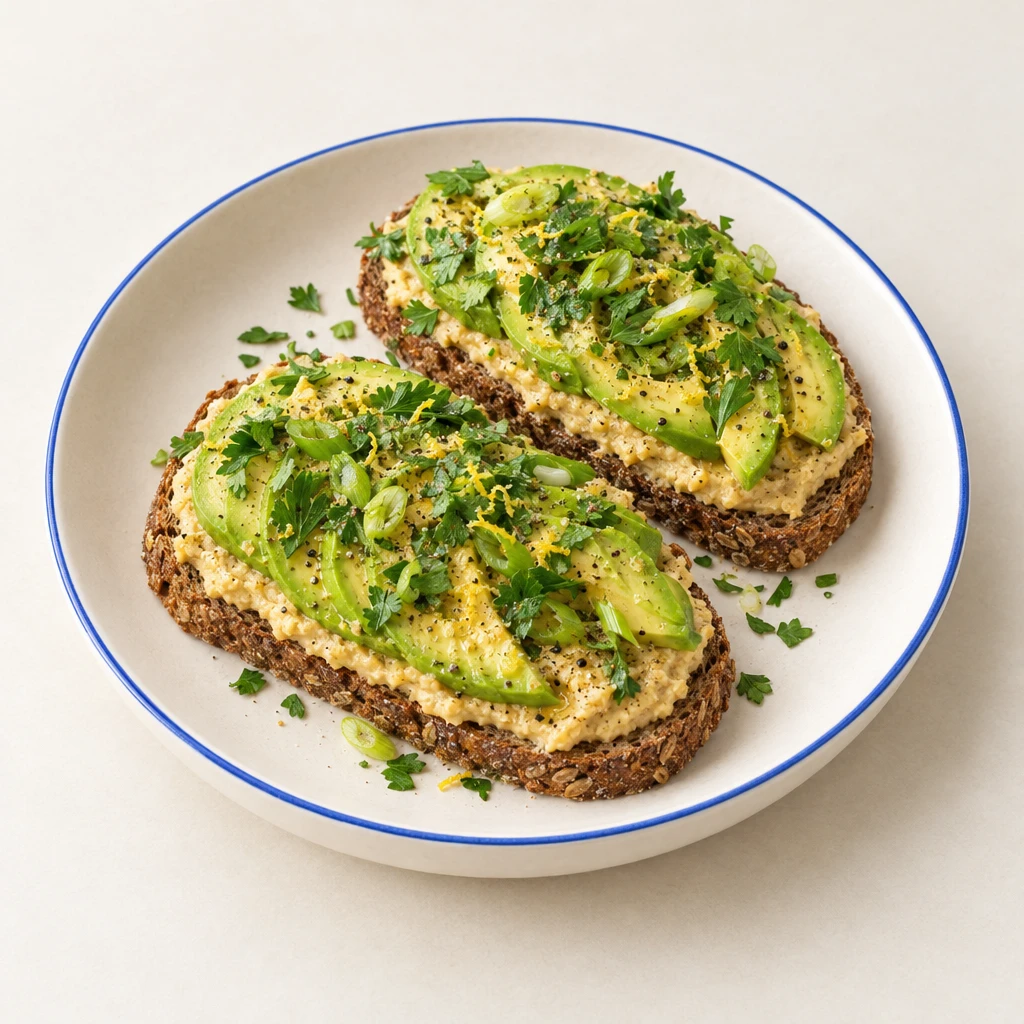 Rye bread topped with hummus, thin avocado slices, spring onions and flat-leaf parsley.