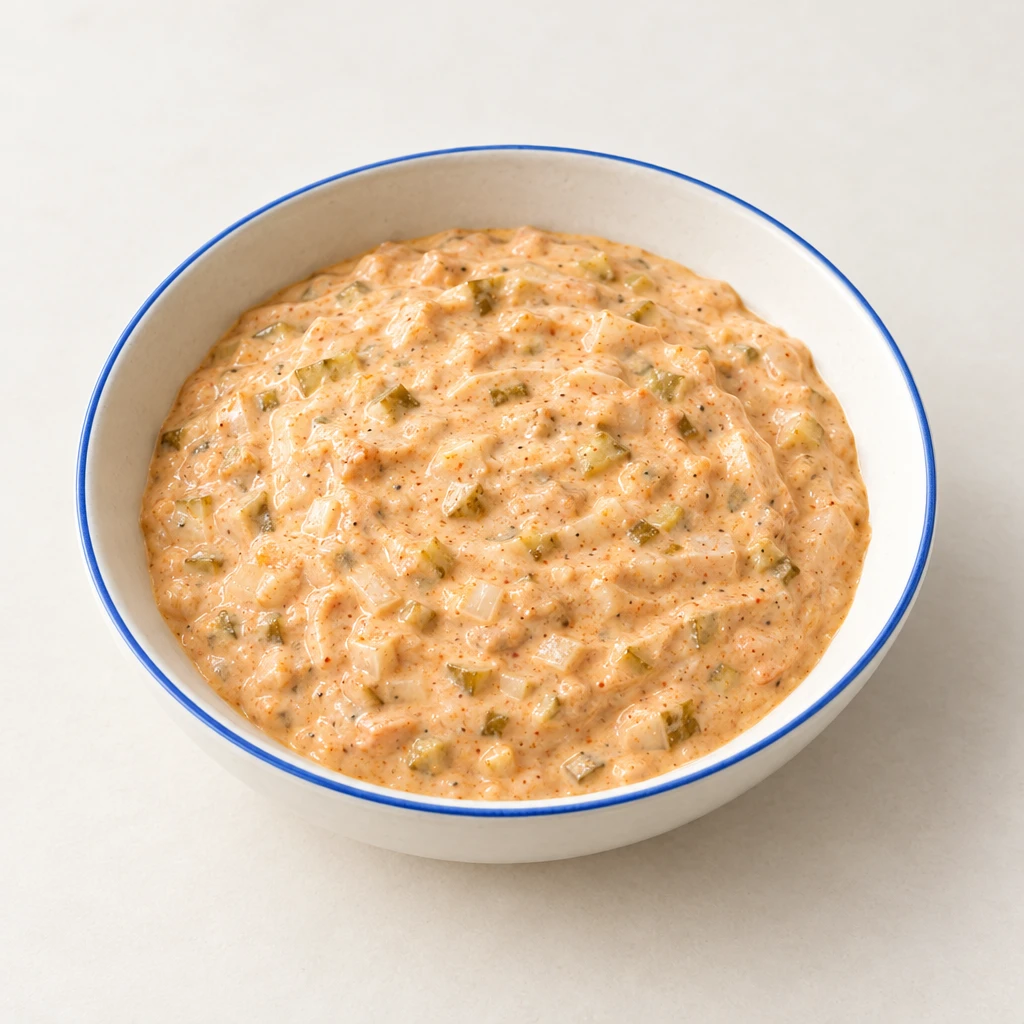 Creamy burger sauce with finely diced gherkin and onion in a bowl.