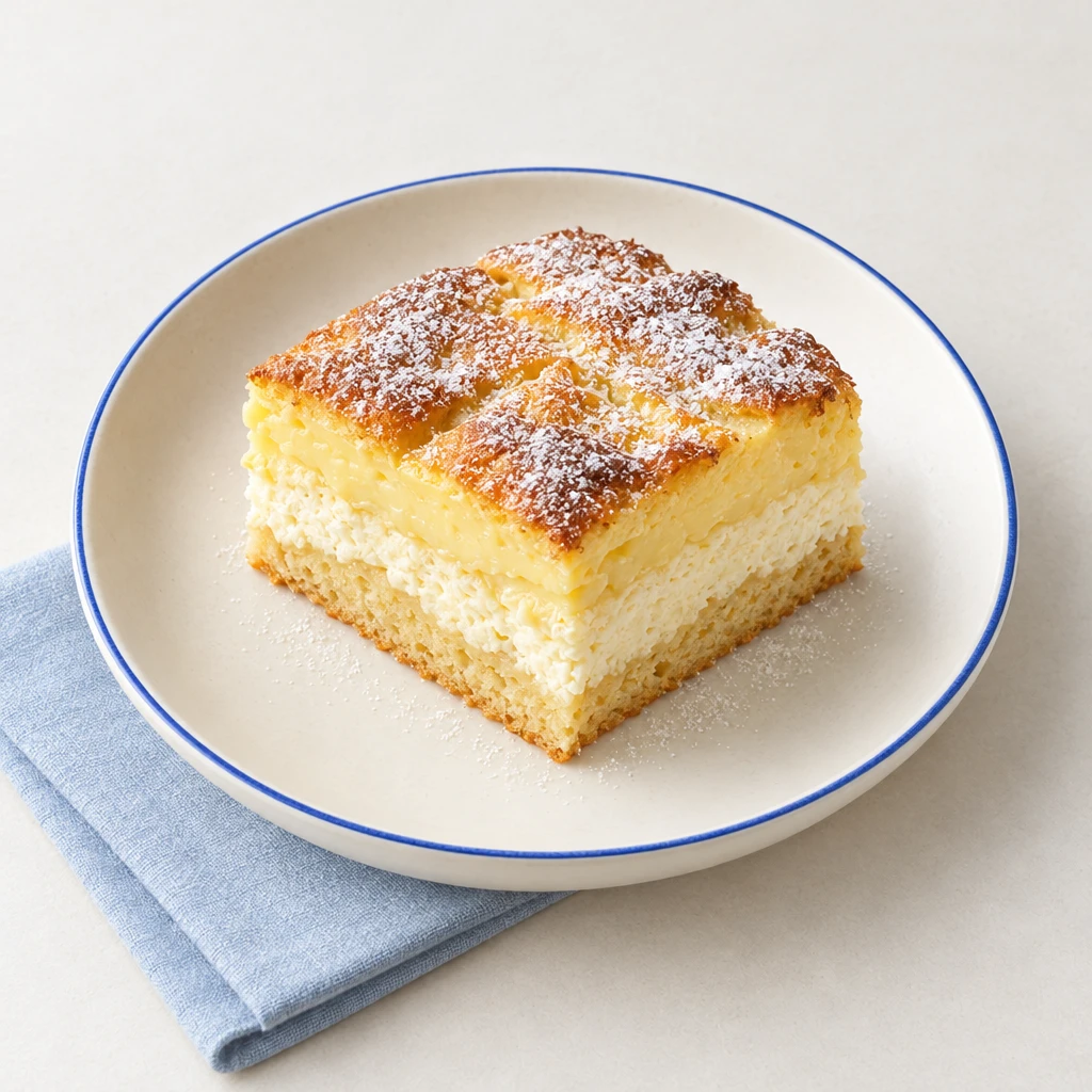A slice of Eierschecke with a yeast dough base, a pale quark layer and a golden-brown baked custard topping.