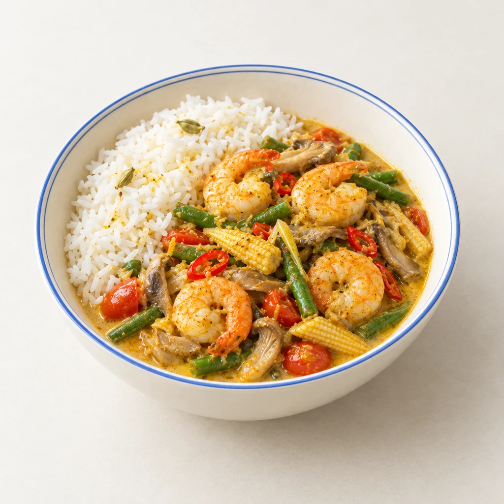 Thai-Curry mit Garnelen, grünen Bohnen, Austernpilzen, Cherrytomaten und Maiskölbchen in gelber Kokossauce, daneben Jasminreis in einer Schale.