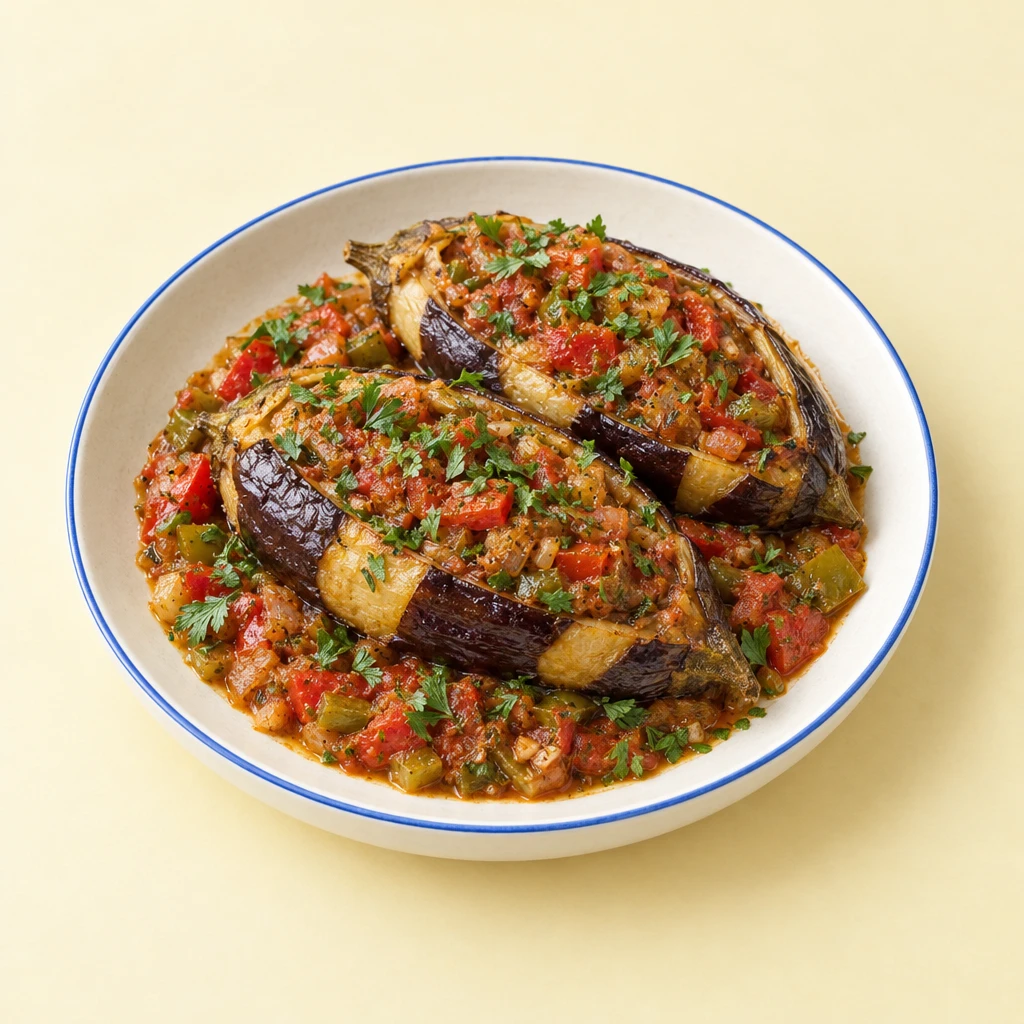 Baked aubergines filled with tomatoes, green pepper and braised vegetables, garnished with parsley.