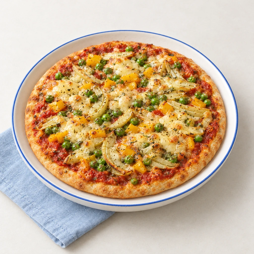 Ovale Gemüsepizza mit Tomatensugo, Fenchelscheiben, gelber Paprika, Erbsen und geschmolzenem Fontina auf einem Teller.