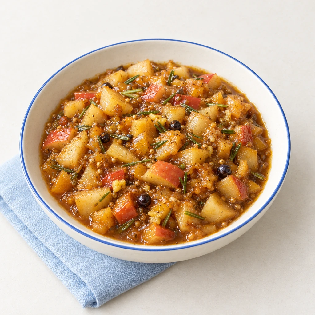 Golden-brown pear and apple chutney with soft fruit pieces and spices in a shallow bowl.