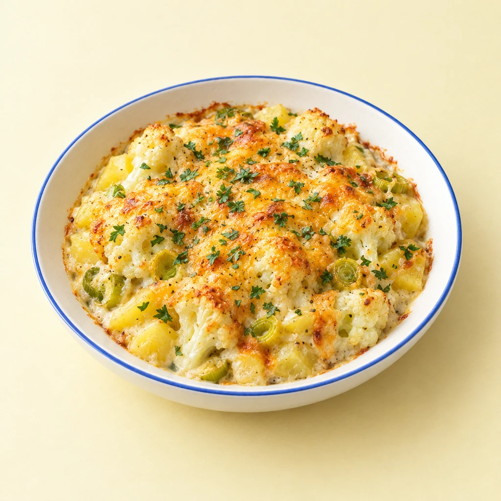 Blumenkohlauflauf mit Kartoffeln und Lauch unter einer goldbraunen Käsekruste, mit gehackter Petersilie bestreut.