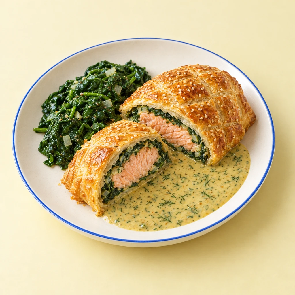Aufgeschnittener Lachs im goldbraunen Blätterteig mit Spinat, Sesam und Honig-Senf-Dill-Soße.