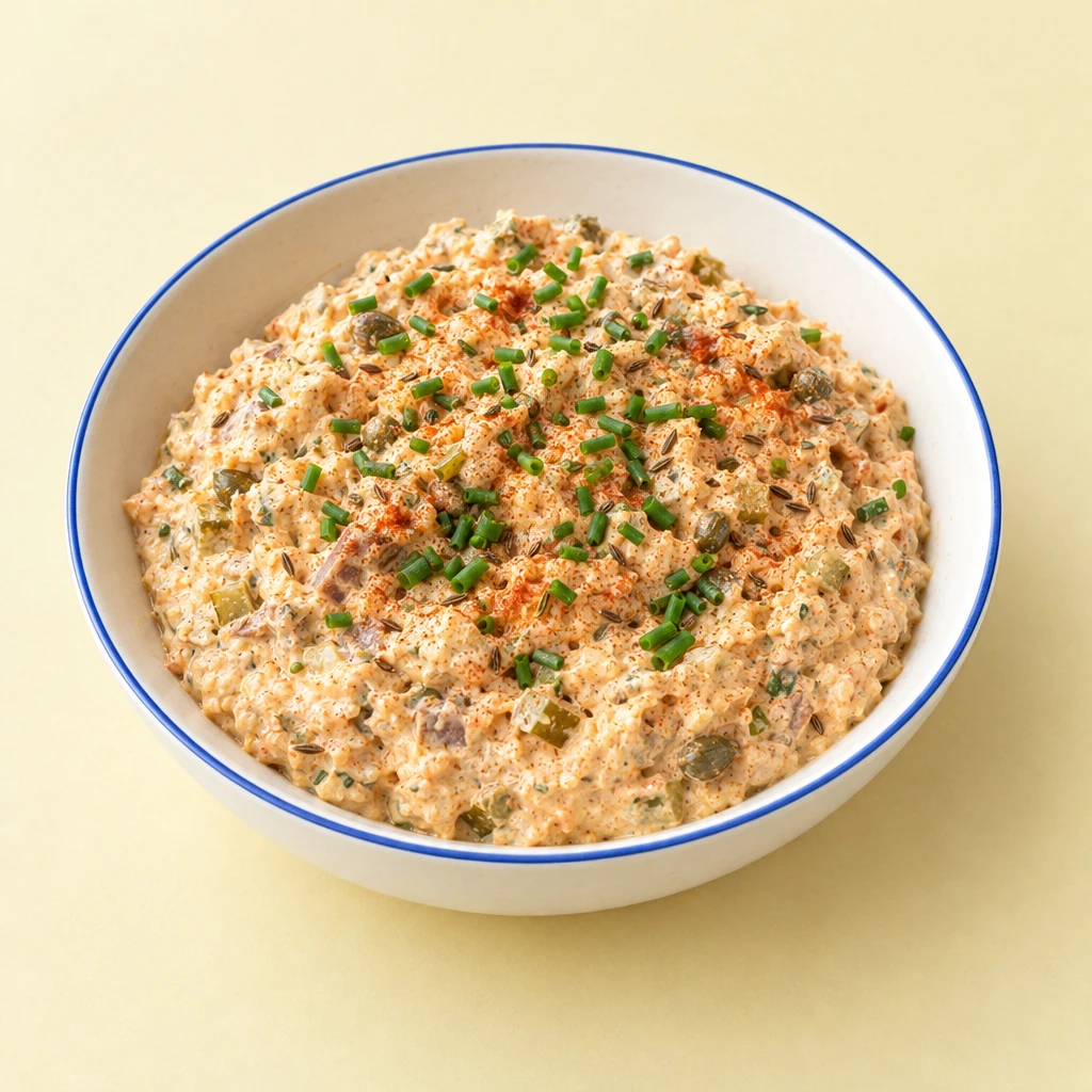 Creamy, pale orange Liptauer spread with small pieces of pickled gherkin and chives in a shallow bowl.