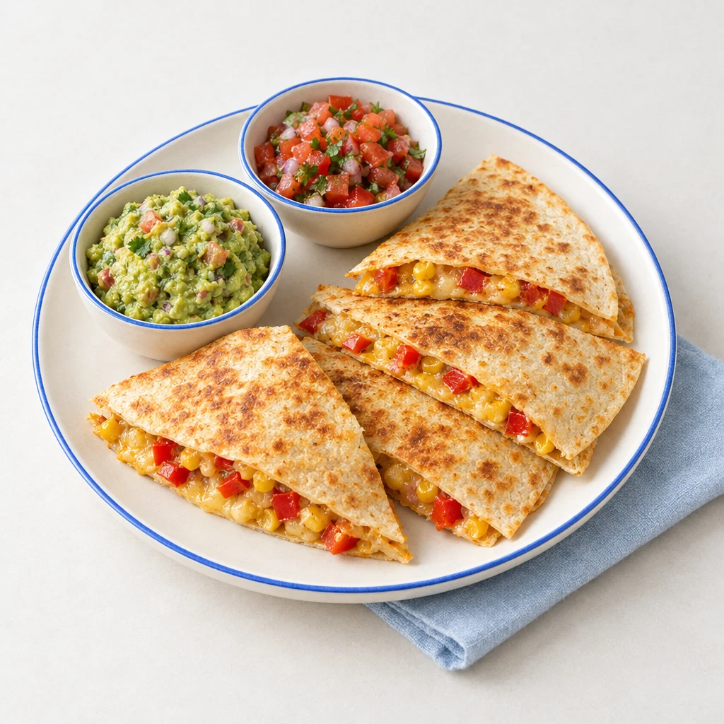 Goldbraune Quesadilla-Ecken mit Käse, Mais und roter Paprika, dazu Guacamole und Pico de Gallo.