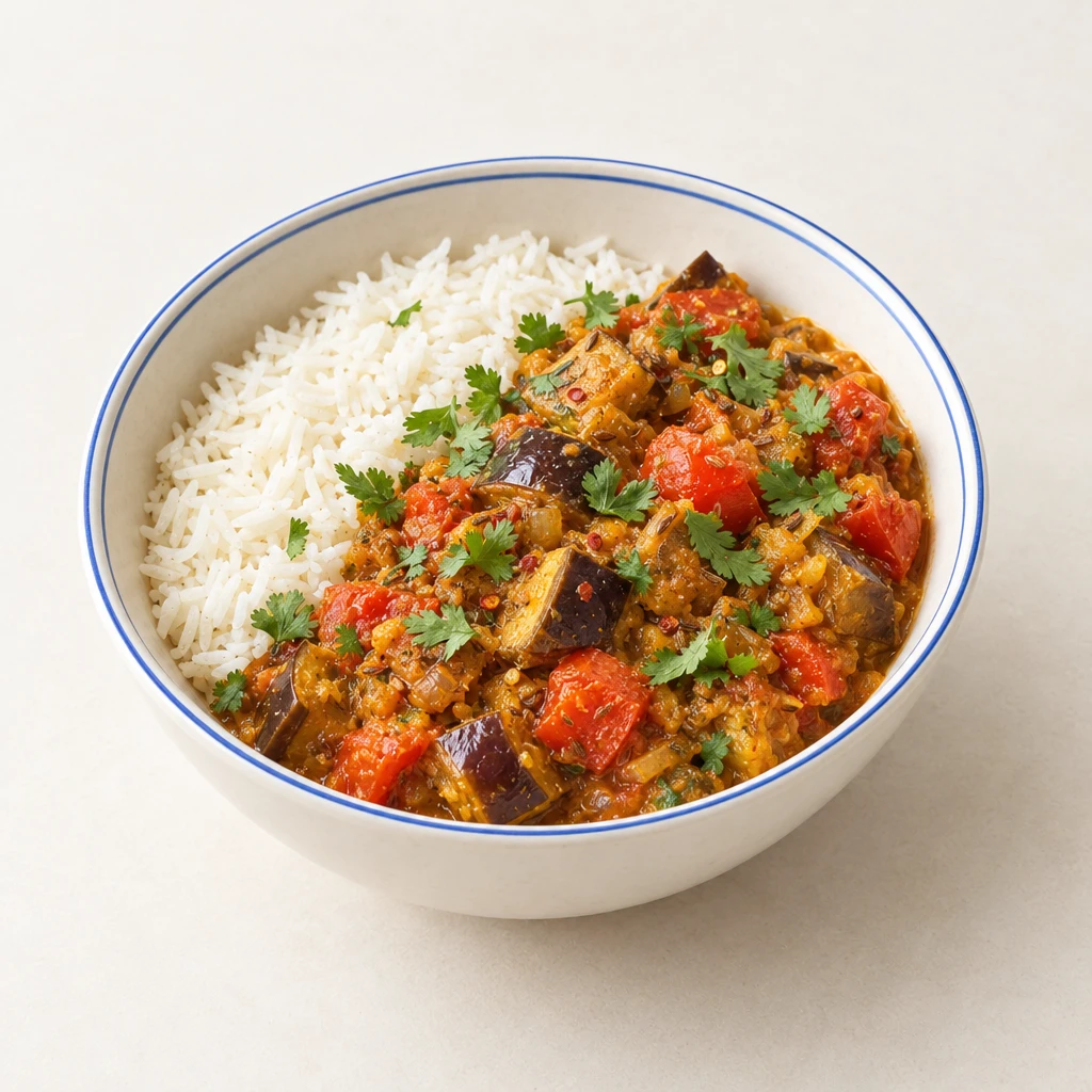 Aubergine curry in tomato sauce over basmati rice, garnished with fresh coriander.