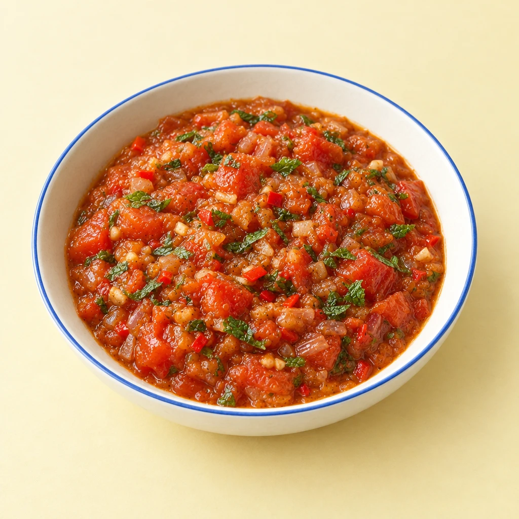 Red tomato chutney with soft tomato pieces and finely sliced mint in a shallow bowl.