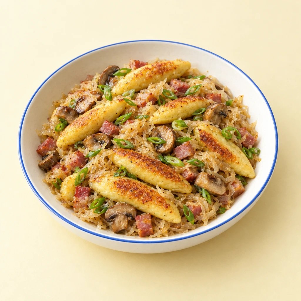 Golden-brown finger-shaped potato dumplings with sauerkraut, mushrooms, diced ham and fine spring onion strips on a plate.
