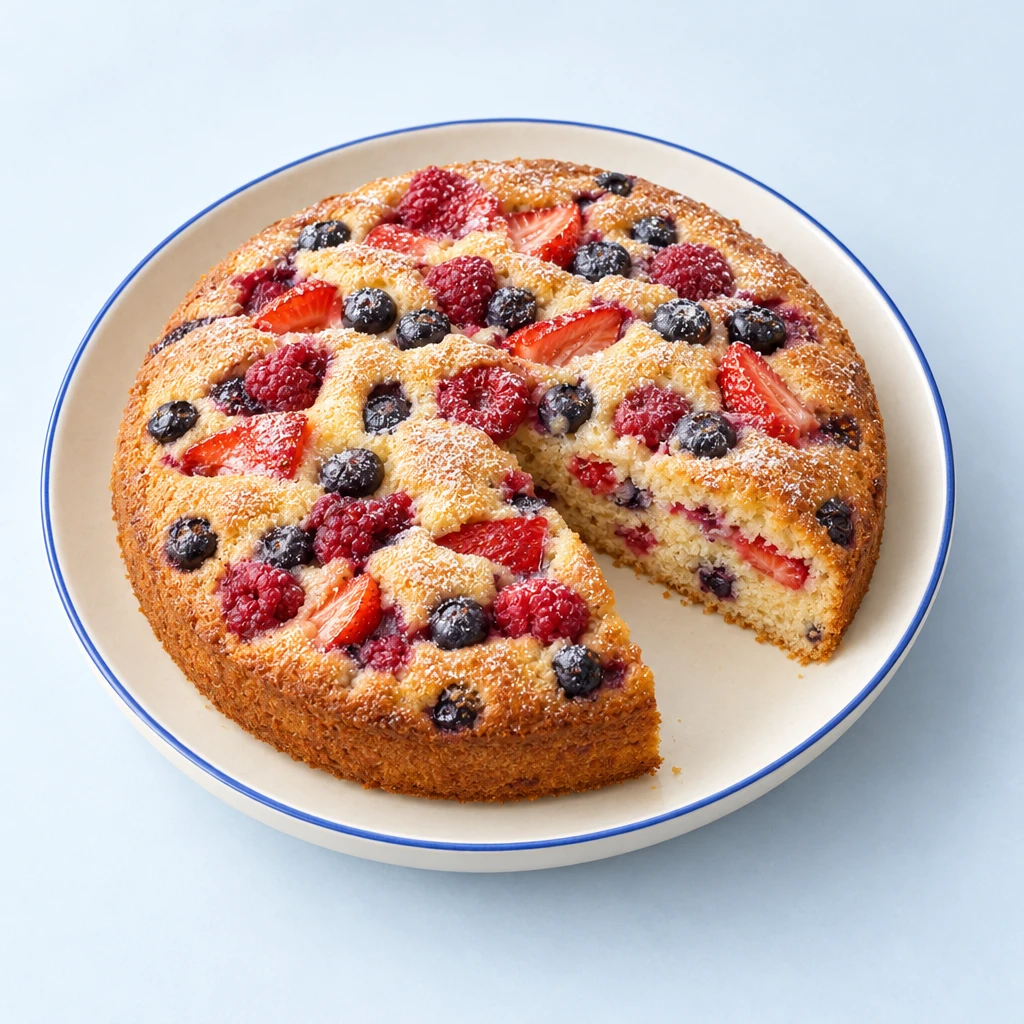Golden ring-shaped berry cake topped with fresh berries, with a slice cut to reveal the berry-filled crumb.