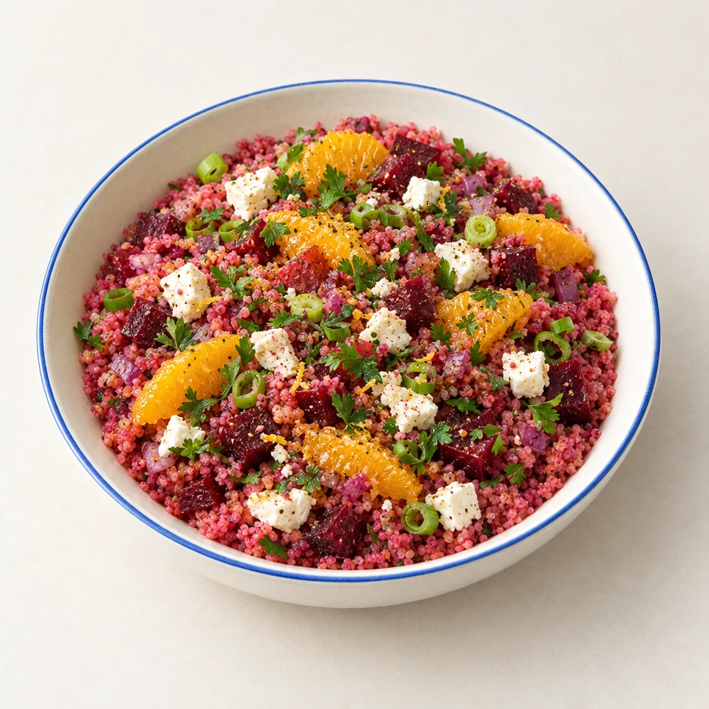 Rote-Bete-Couscous mit gebackenen Rote-Bete-Würfeln, Feta, Orangenfilets, Frühlingszwiebeln und Petersilie auf einem Teller.
