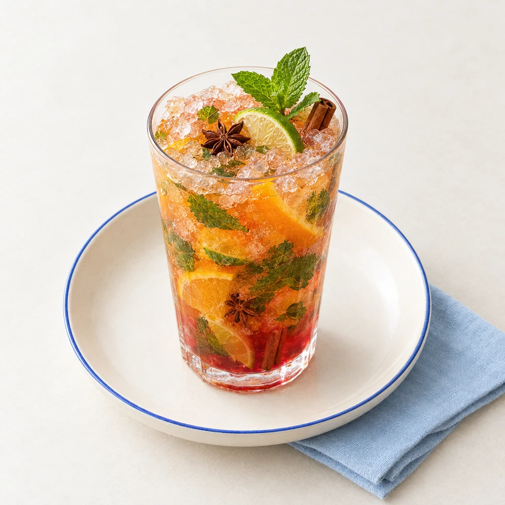 Reddish mint iced tea with crushed ice and fresh mint in a glass.