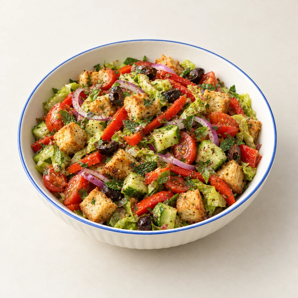 Arabian bread salad with toasted flatbread cubes, tomatoes, cucumber, red peppers, lettuce and black olives.
