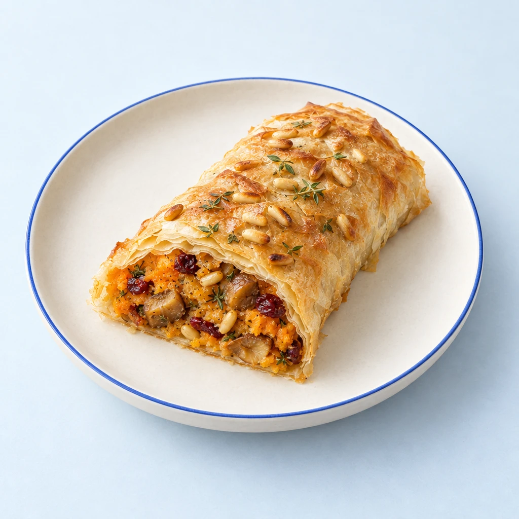 Golden filo strudel with a sweet potato and chestnut filling, cranberries and pine nuts, cut open on a plate.