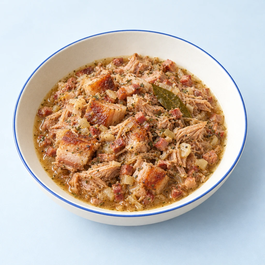 Finely shredded pork and lard spread with herbs in an open glass jar.