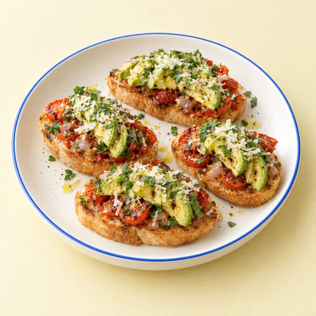Toasted baguette slices topped with tomatoes, shallot, grilled avocado, grated Parmesan and fresh herbs.