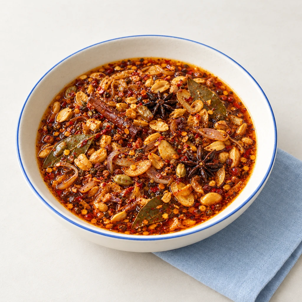 Red chilli oil with crisp garlic, ginger, shallots and roasted peanuts in a glass jar.