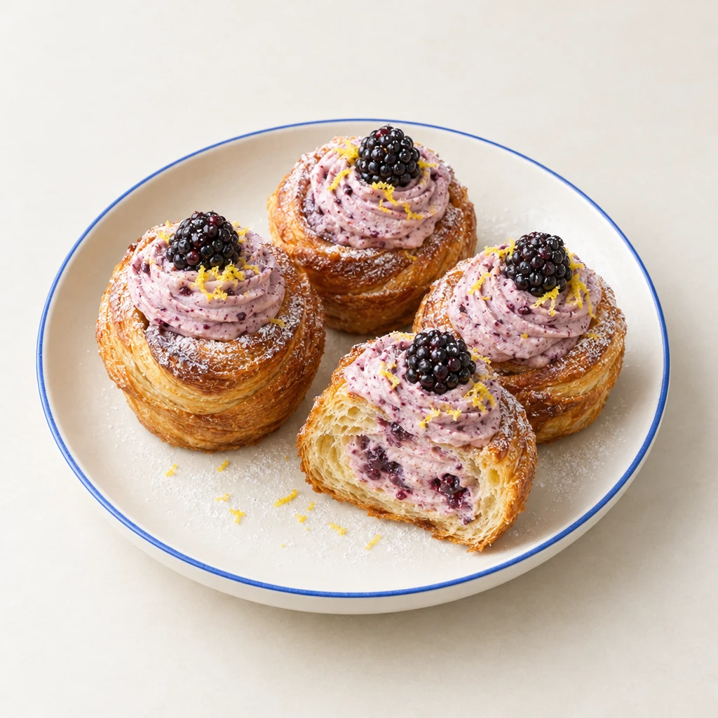 Golden puff pastry cruffins with blackberries and icing sugar, one cut open to reveal blackberry cream filling.