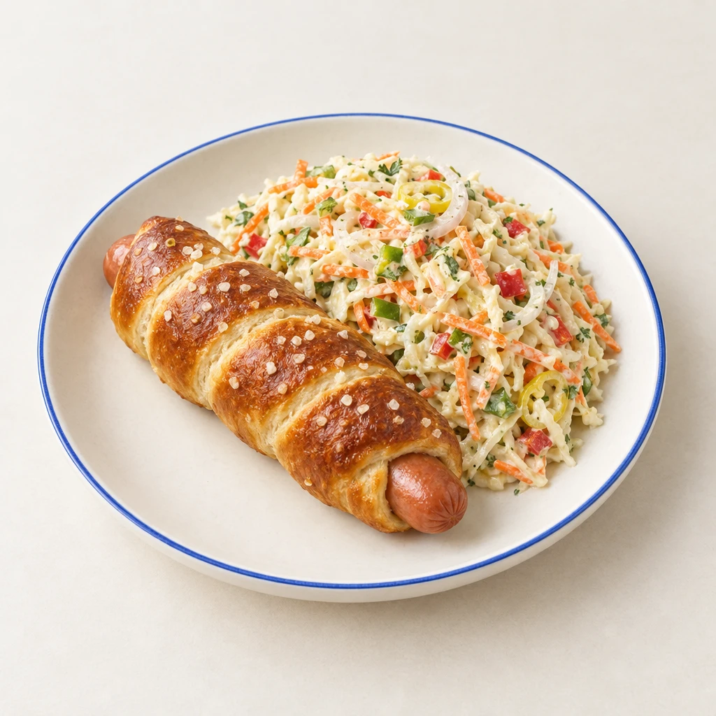 Goldbraune, in Brezelteig gewickelte Wiener Würstchen mit cremigem Coleslaw aus Weißkohl, Karotten und grüner Paprika.