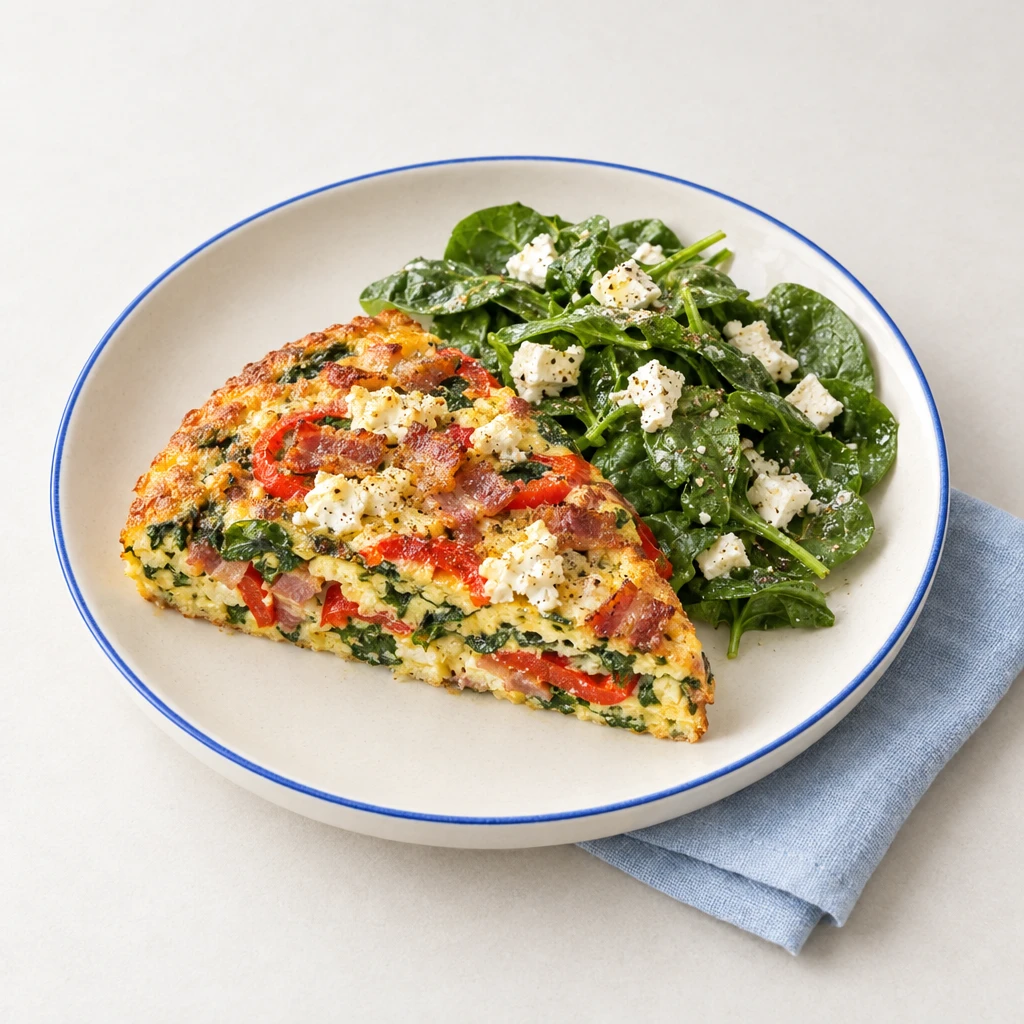 Ofengebackene Tortilla mit Speck, Schafskäse, Spitzpaprika und Spinat, daneben Spinatsalat mit Schafskäse.