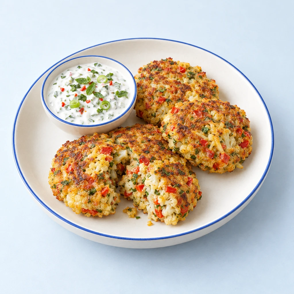 Golden-brown cauliflower fritters with red pepper and herbs, served with a yoghurt and spring onion dip.