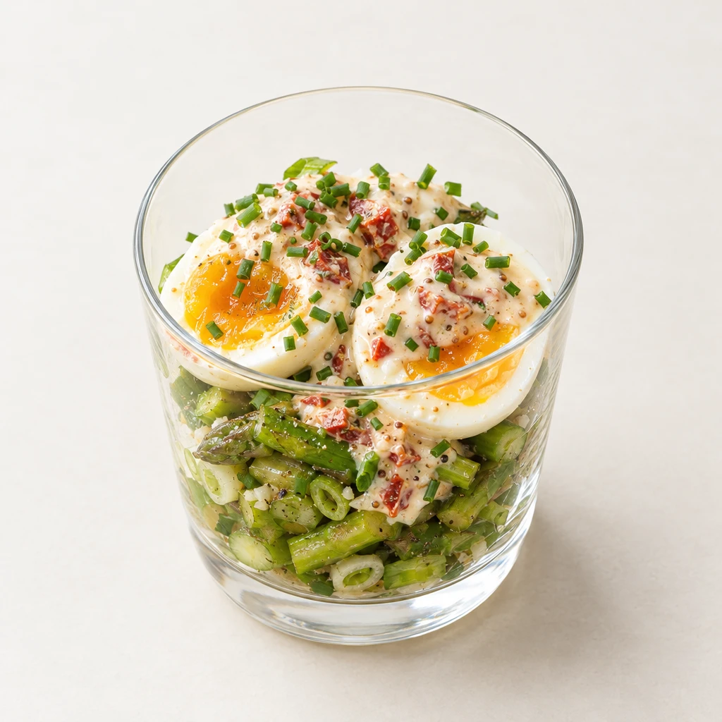 Soft-boiled egg on green asparagus in a glass, topped with mustard and yoghurt dressing, dried tomato and chives.