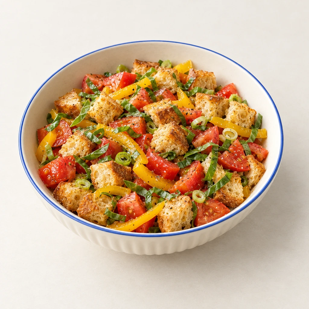 Tomato and bread salad with toasted ciabatta cubes, yellow peppers, spring onions and basil in a shallow bowl.