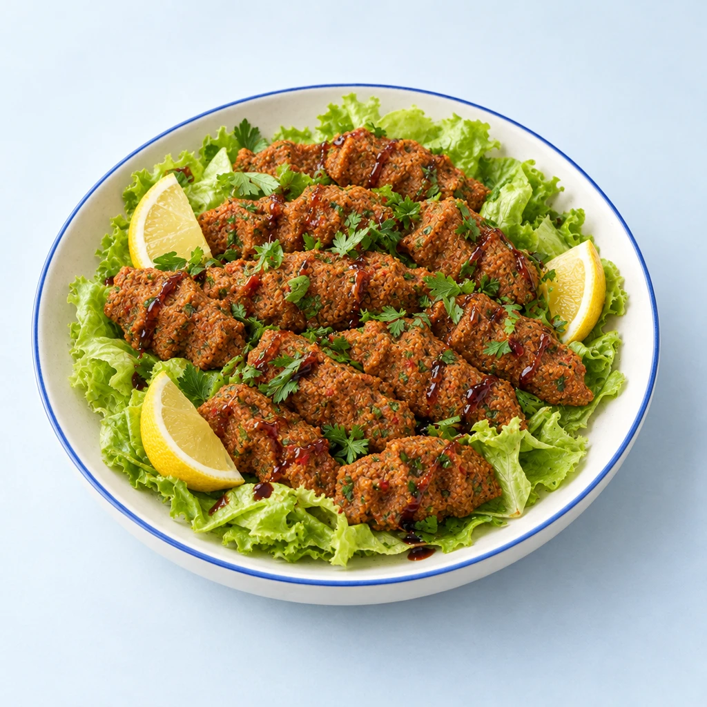 Reddish vegan çiğköfte with distinctive finger grooves in lettuce leaves, served with lemon wedges, pomegranate syrup and parsley.