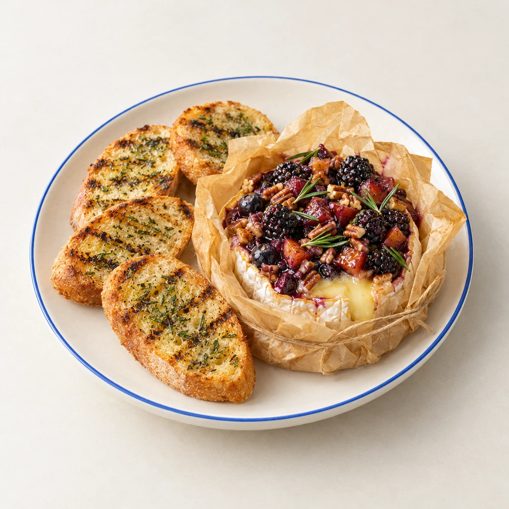Gegrillter Camembert mit flüssigem Kern, Beeren, Pflaumen, Pekannüssen, Honig und Rosmarin, daneben gegrillte Kräuter-Baguettescheiben.