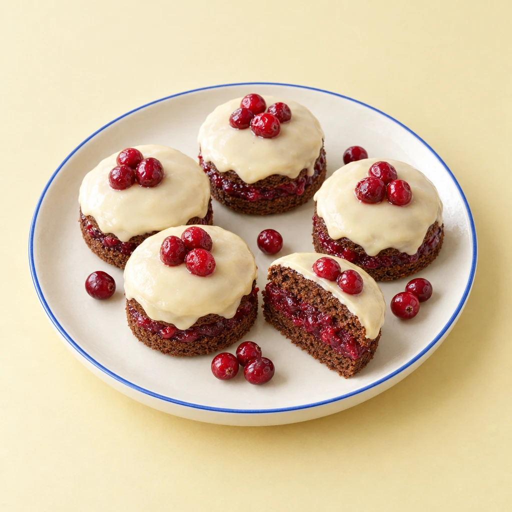 Small chocolate cakes with cranberry filling, white chocolate glaze and fresh cranberries, with one cut open.