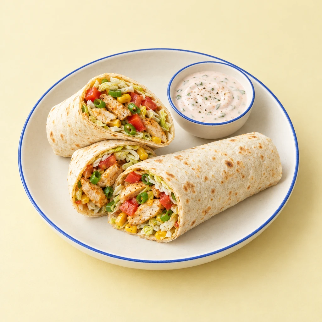 Cut chicken wraps with tomatoes, sweetcorn, spring onions, Chinese cabbage and tomato yoghurt dip on a plate.