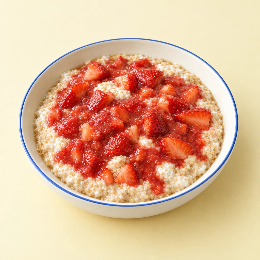 Amaranth and quark cream topped with chunky strawberry compote in a bowl.