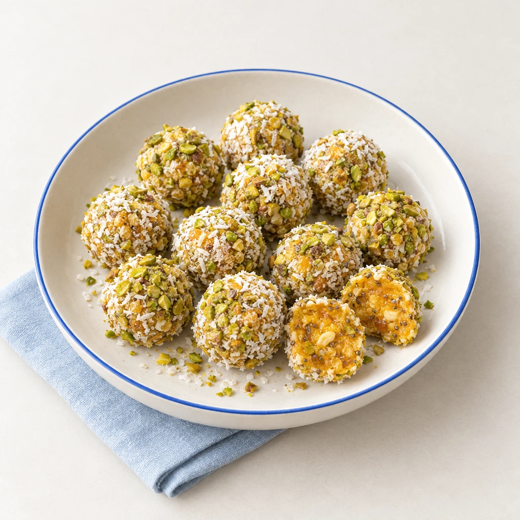 Fruit and cashew balls coated in desiccated coconut and chopped pistachios on a plate, with one ball cut open.